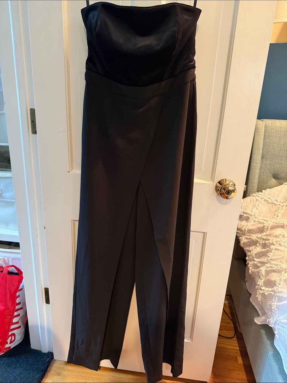 White House Black Market Black Strapless Jumpsuit with Front Slit Trousers